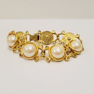 Vtg Weingeroff Marked Faux Pearl Gold Tone Chunky Links Bracelet